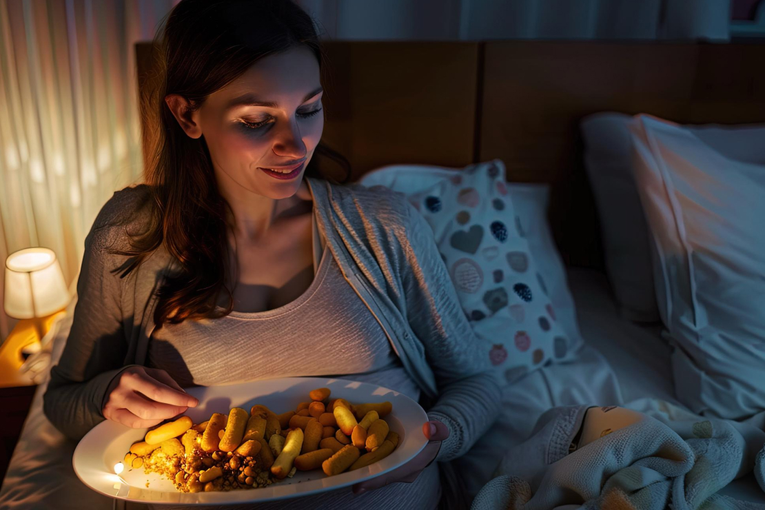 A woman holding a glass of water and an alarm clock, with healthy and unhealthy food options, symbolizing mindful eating before bed.