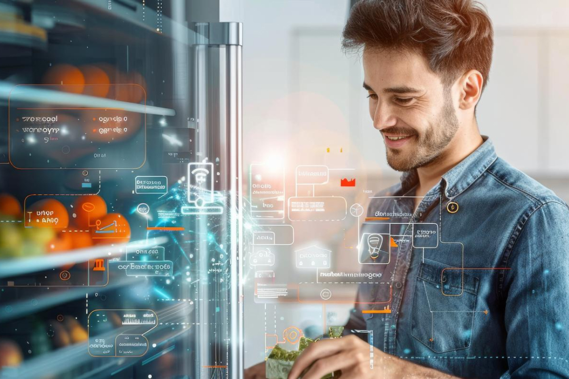 A man looking into a smart refrigerator with holographic data overlays, symbolizing AI-powered meal prediction.