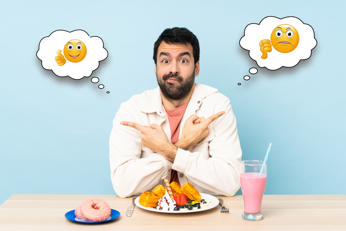 A man contemplating food choices, with thought bubbles showing positive and negative emotions, symbolizing the internal struggle with dopamine-driven eating.
