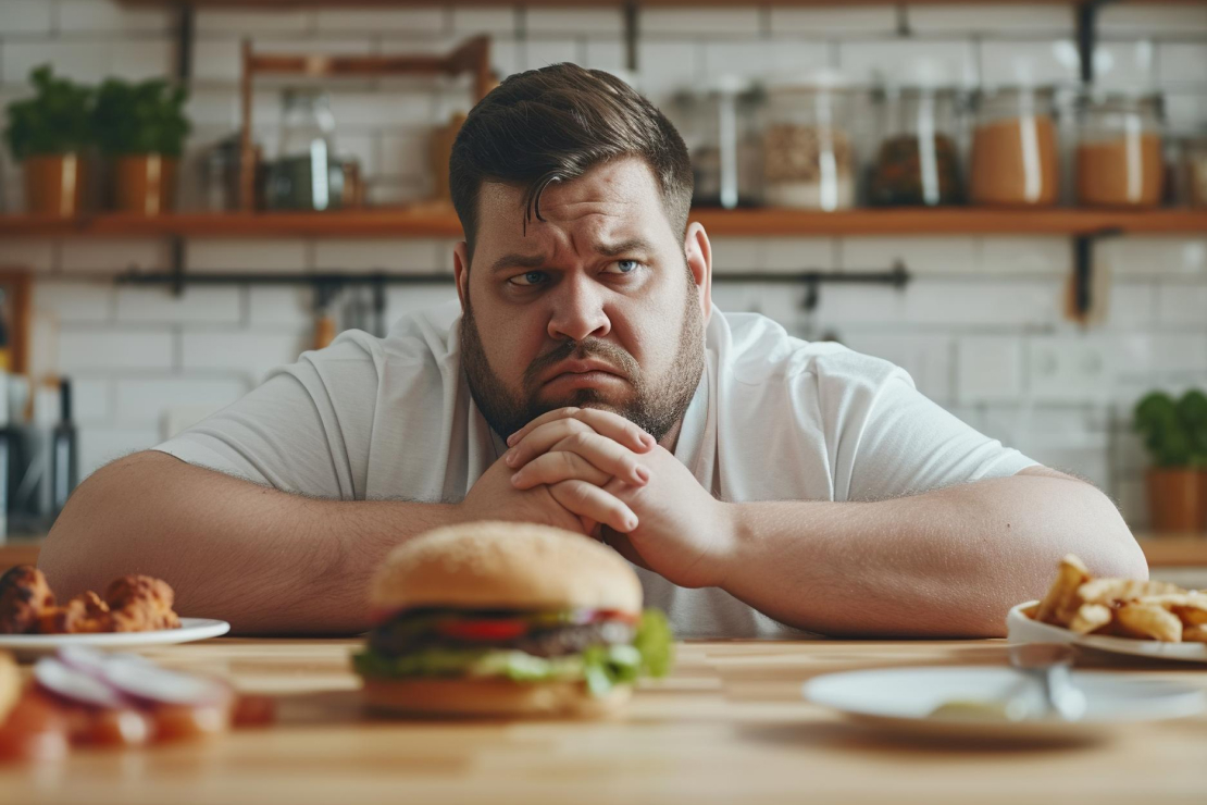 A man staring at a burger with a conflicted expression, symbolizing the internal battle with subconscious beliefs about food.