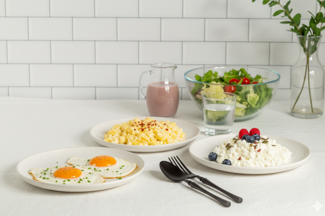 A breakfast spread featuring whole eggs, scrambled egg whites, and cottage cheese with berries, symbolizing high-protein options for fat loss.