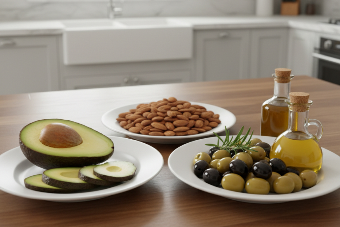 A vibrant display of avocado halves, a bowl of almonds, and olive oil in a cruet, symbolizing healthy fat sources.