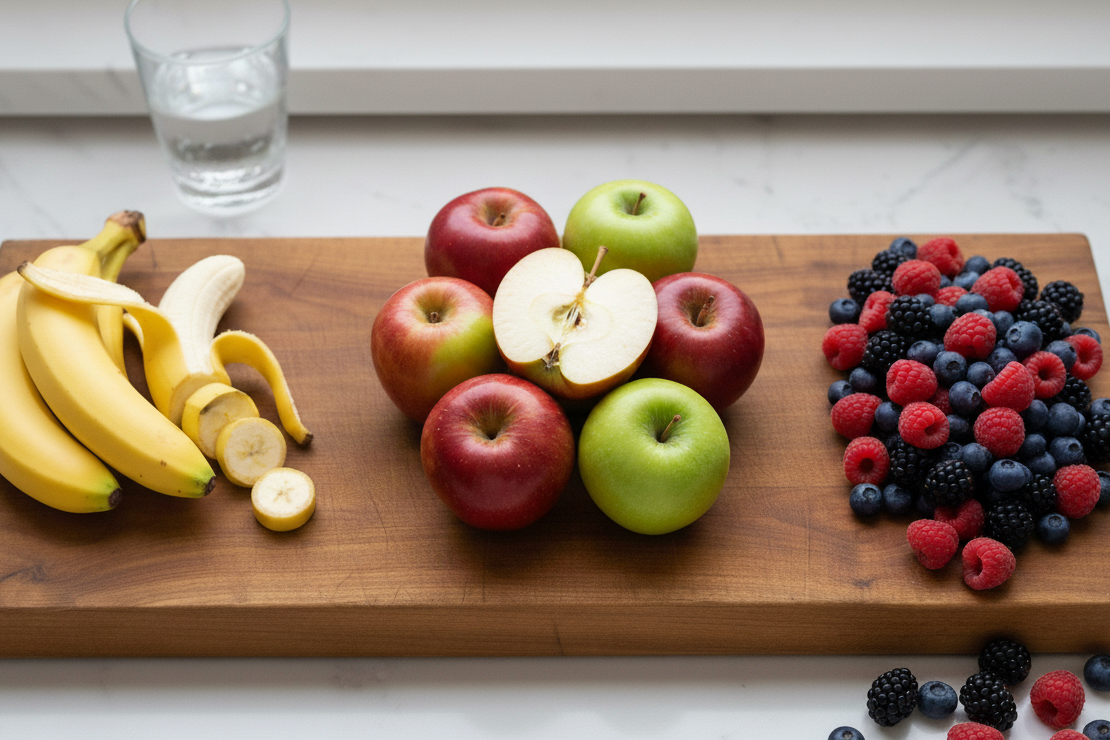 A vibrant display of bananas, red and green apples, and mixed berries, symbolizing healthy fruit choices for energy and weight management.